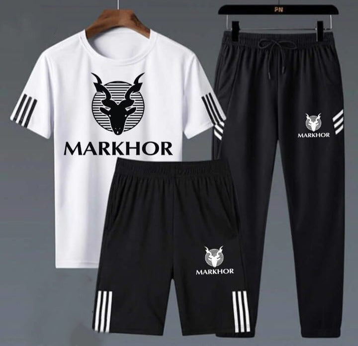 3 Piece Markhor Printed White & Black Summer Tracksuit