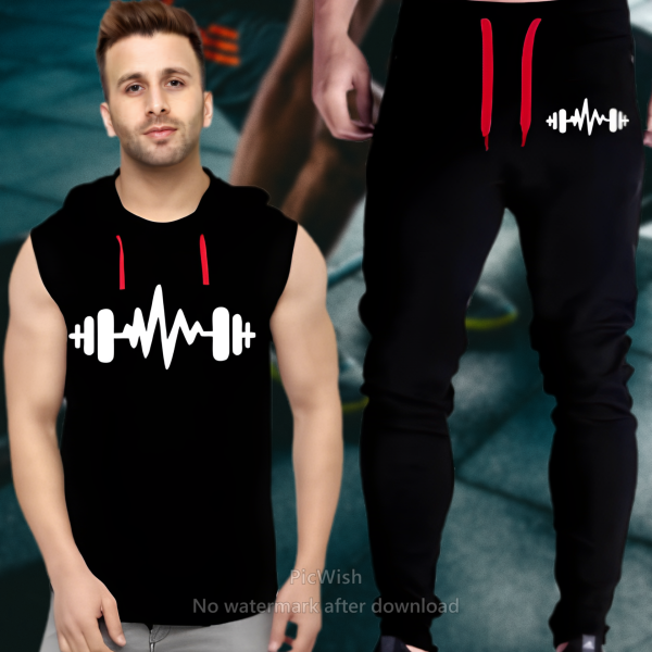 Black Vinyl Dumble Printed Gym Summer Hooded Sleeveless Tracksuit
