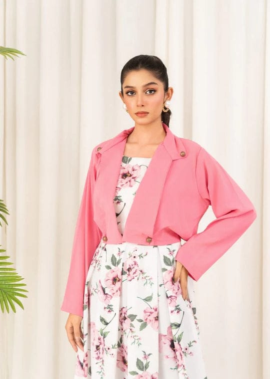 2 Pcs Stylish Floral Print Maxi Dress With Pink Jacket