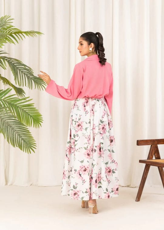 2 Pcs Stylish Floral Print Maxi Dress With Pink Jacket