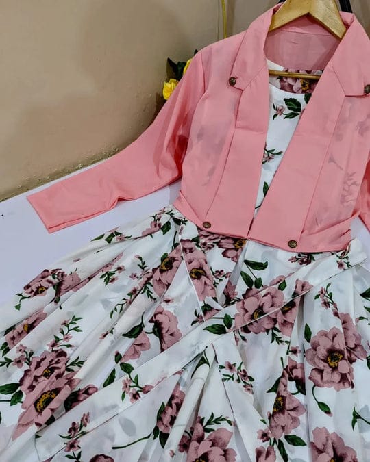 2 Pcs Stylish Floral Print Maxi Dress With Pink Jacket