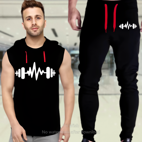 Black Vinyl Dumble Printed Gym Summer Hooded Sleeveless Tracksuit