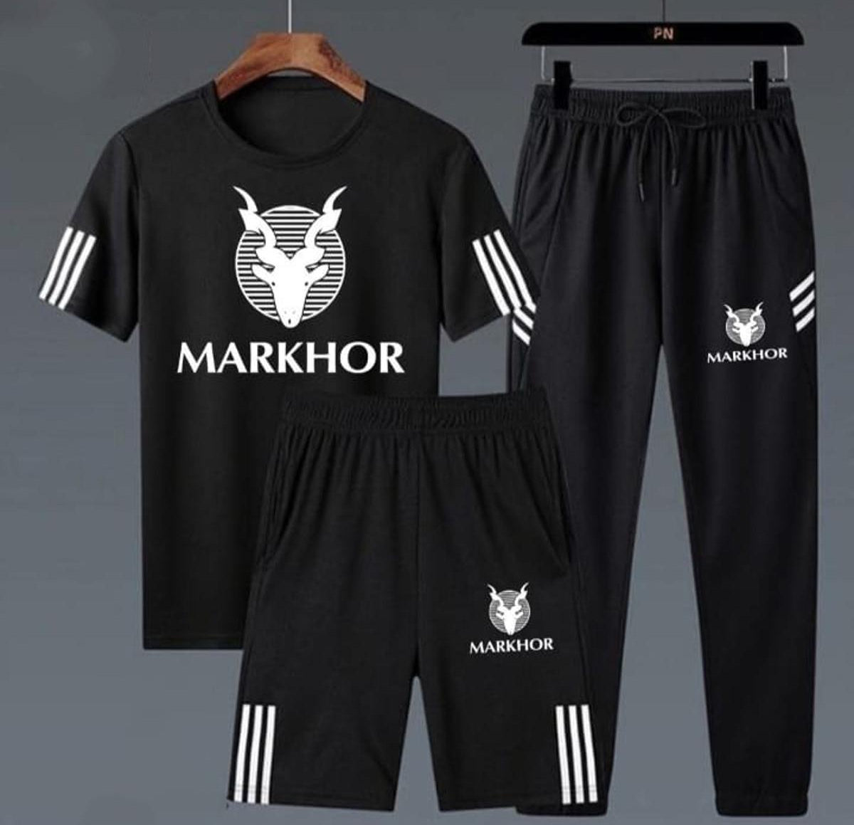 3 Piece Markhor Printed White & Black Summer Tracksuit