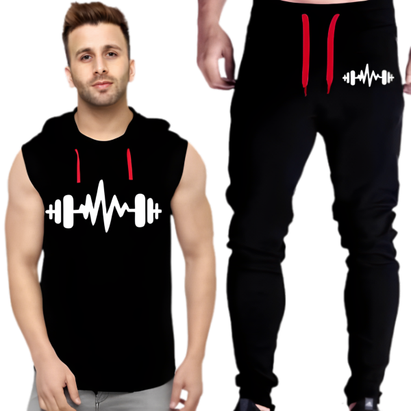 Black Vinyl Dumble Printed Gym Summer Hooded Sleeveless Tracksuit